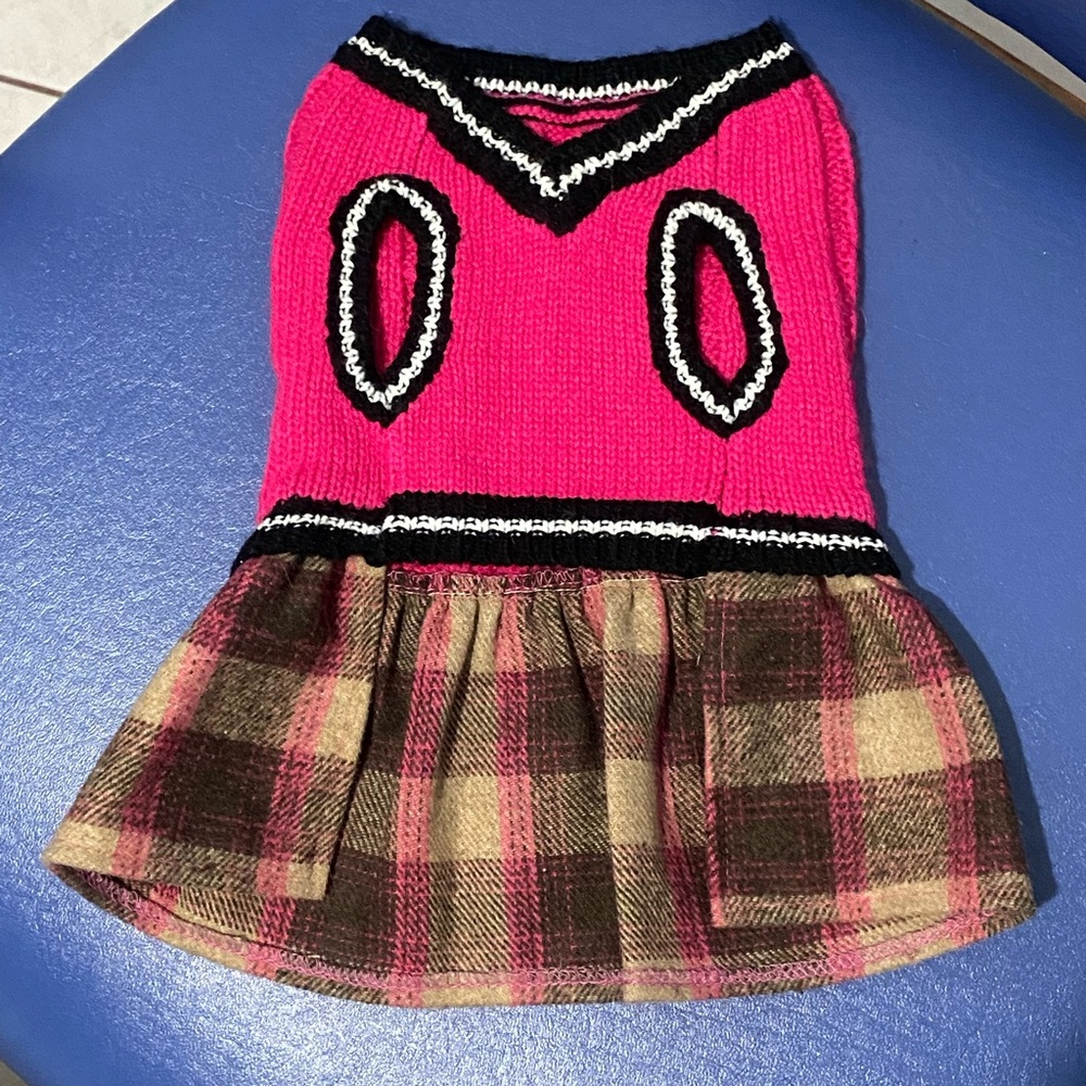 Bing Pet dog pink cable knit sweater dress with pink/brown plaid skirt, XS